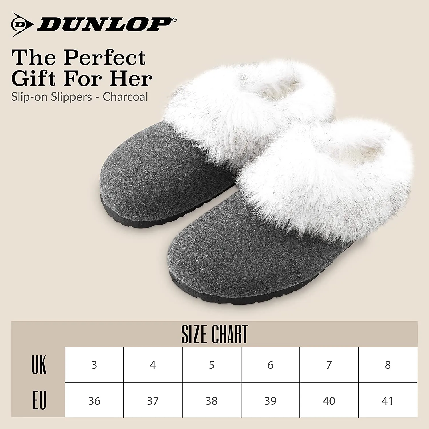 Dunlop Ladies Slippers, Fluffy Slippers Women Faux Fur, House Shoes Indoor Outdoor Knit Slippers With Leather Sole