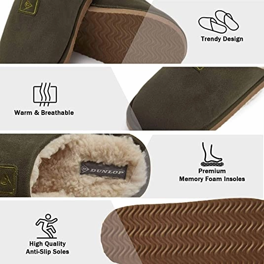 Dunlop Comfy Memory Foam Slippers with Rubber Sole Anti Slip for Men Made In England Leather & Suede Applique Slides