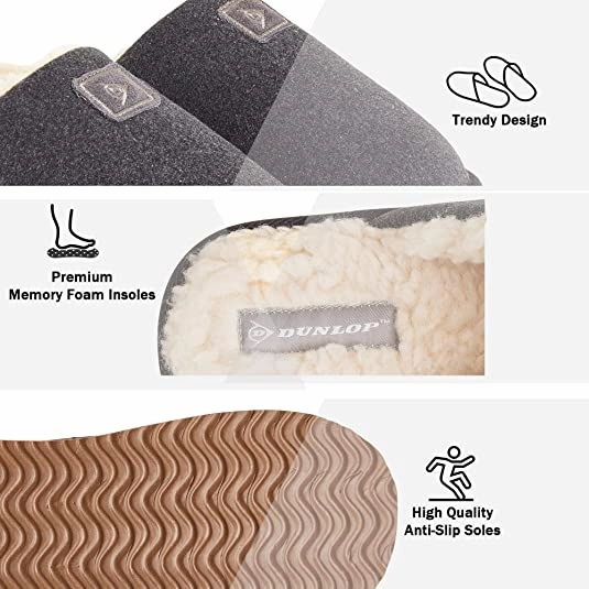 Babouche Slippers Dunlop Comfy Memory Foam Slippers with Rubber Sole Anti Slip for Men