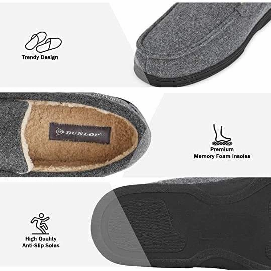 Black Slippers Dunlop Moccasins Loafers Faux Sheepskin Slippers with Rubber Sole for Men