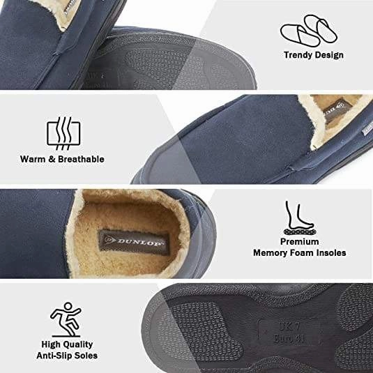 Dunlop Moccasins Loafers Faux Sheepskin Slippers with Rubber Sole for Men Safe Slippers For Elderly