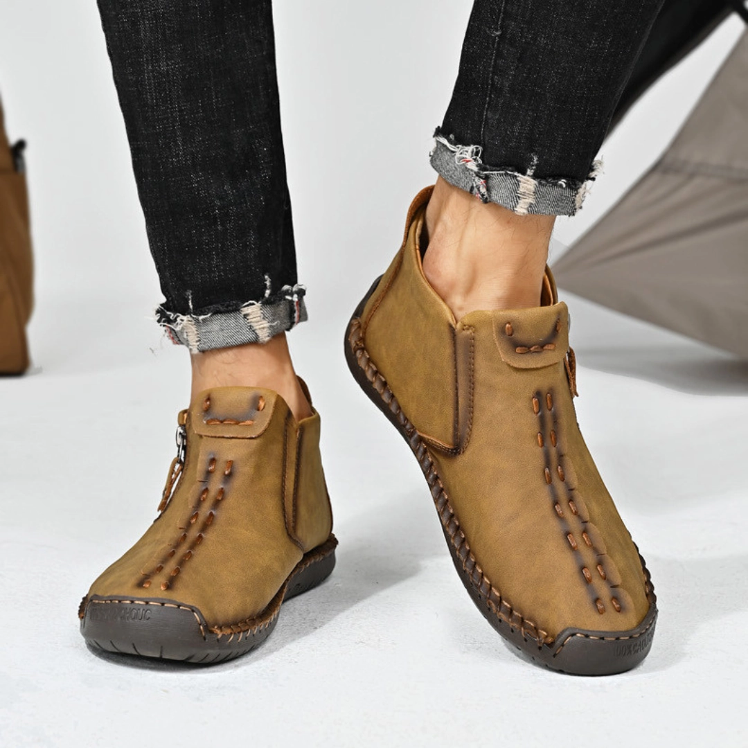 GRW Orthopedic Men Shoes Comfort Leather Non-slip Zipper Boot Leopard Print Flat Shoes Outfit