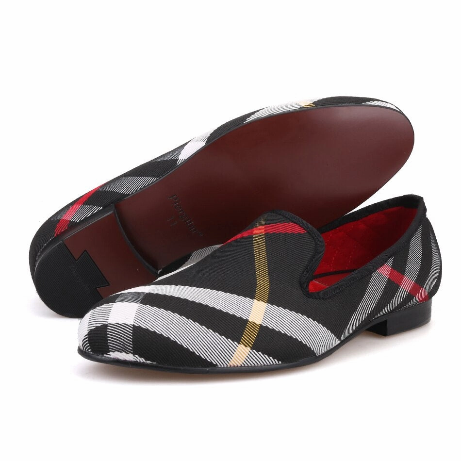 Loafers Types Blue and white plaid canvas shoes luxurious brand men loafers flats