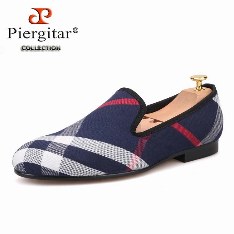 Khakis And Loafers Blue and white plaid canvas shoes luxurious brand men loafers flats