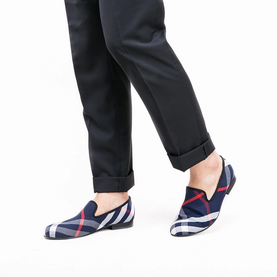 Blue and white plaid canvas shoes luxurious brand men loafers flats Vagabond Blanca Loafers