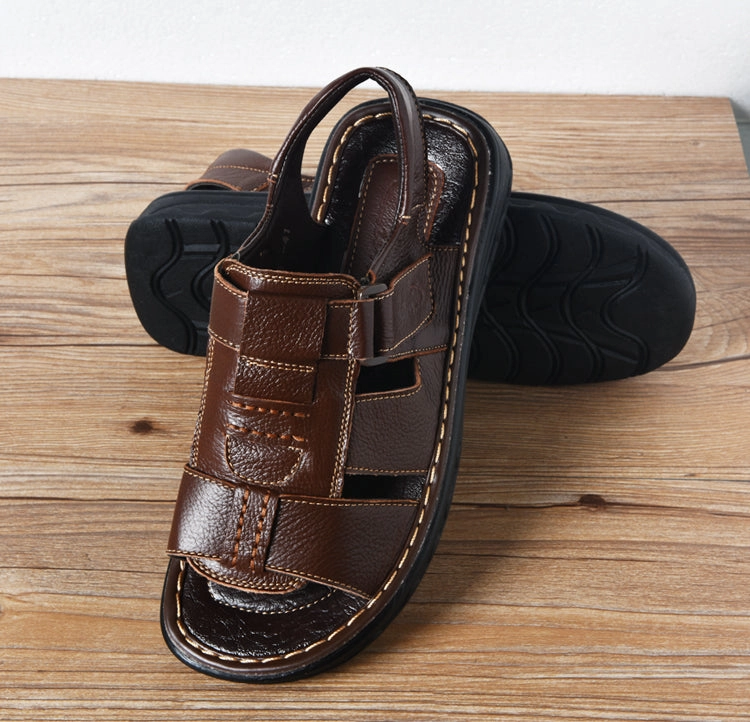Summer mens slippers genuine leather sandals outdoor casual men leather sandals for Beach shoes hombre Hollow aerated shoes Shoes That Turn Into Flats