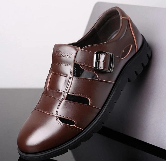 Summer mens slippers genuine leather sandals outdoor casual men leather sandals for Beach shoes hombre Hollow aerated shoes Flat Shoe