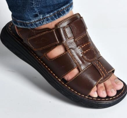 Summer mens slippers genuine leather sandals outdoor casual men leather sandals for Beach shoes hombre Hollow aerated shoes Knitted Flat Shoes