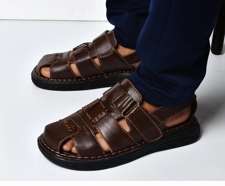 Summer mens slippers genuine leather sandals outdoor casual men leather sandals for Beach shoes hombre Hollow aerated shoes Tan Leather Flat Shoes