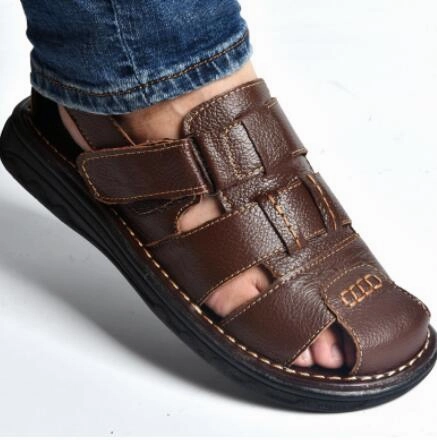 Summer mens slippers genuine leather sandals outdoor casual men leather sandals for Beach shoes hombre Hollow aerated shoes Flat Shoe Laces