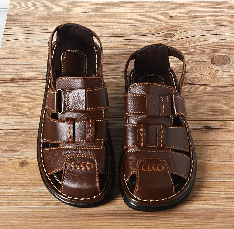 Summer mens slippers genuine leather sandals outdoor casual men leather sandals for Beach shoes hombre Hollow aerated shoes Shoe Land Flats