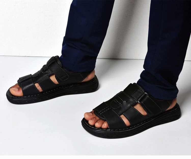 Summer mens slippers genuine leather sandals outdoor casual men leather sandals for Beach shoes hombre Hollow aerated shoes Shoes For Flat Wide Feet
