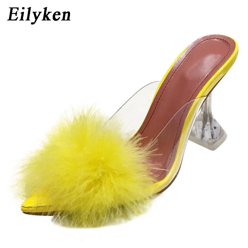 Fluffly Slippers Sandals Feather Perspex Crystal High Heels