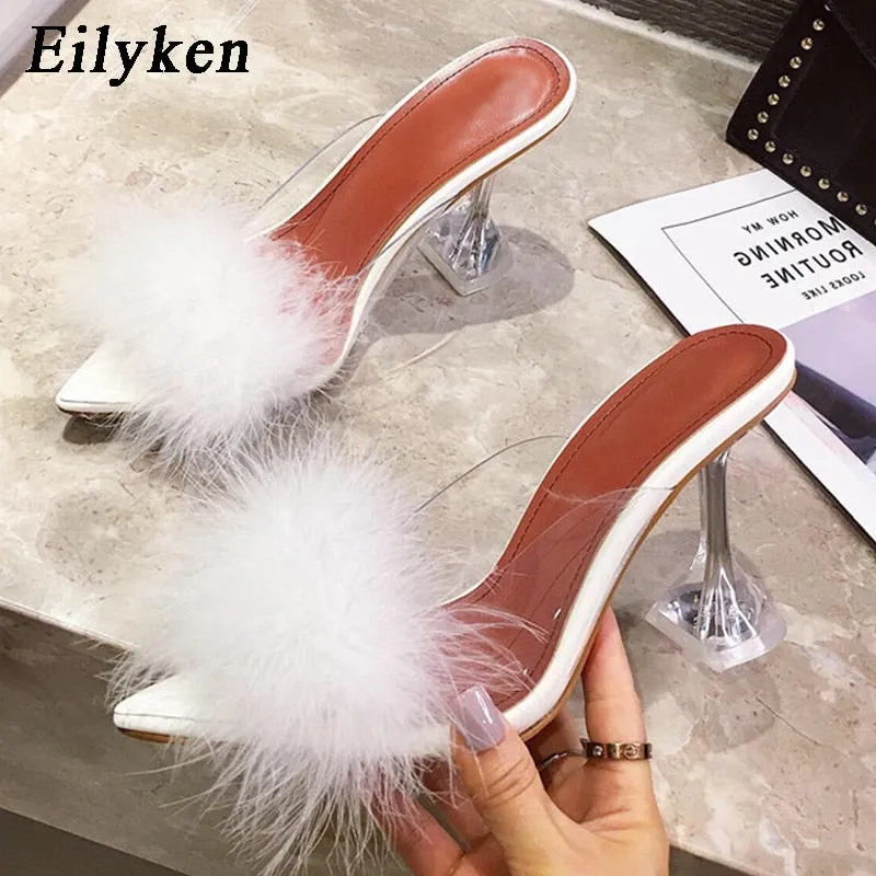 Memory Foam Slippers Feather Perspex Crystal High Heels
