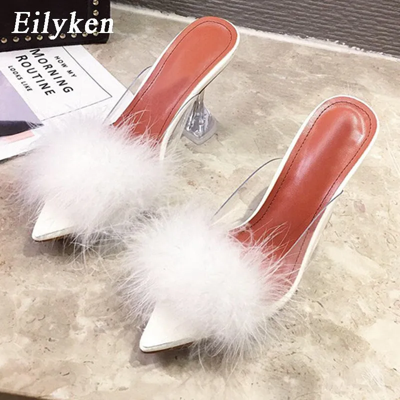 Was Slippers Feather Perspex Crystal High Heels