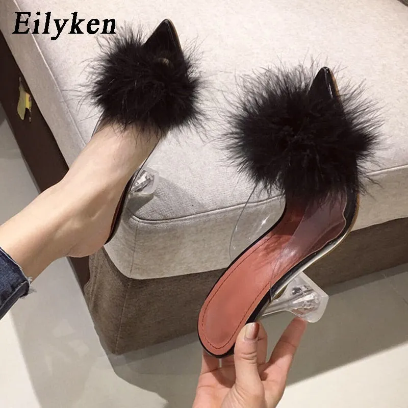Feather Perspex Crystal High Heels Platform Shearling Slippers