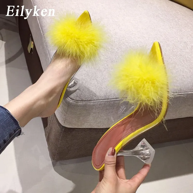 Feather Perspex Crystal High Heels Sizing Slippers