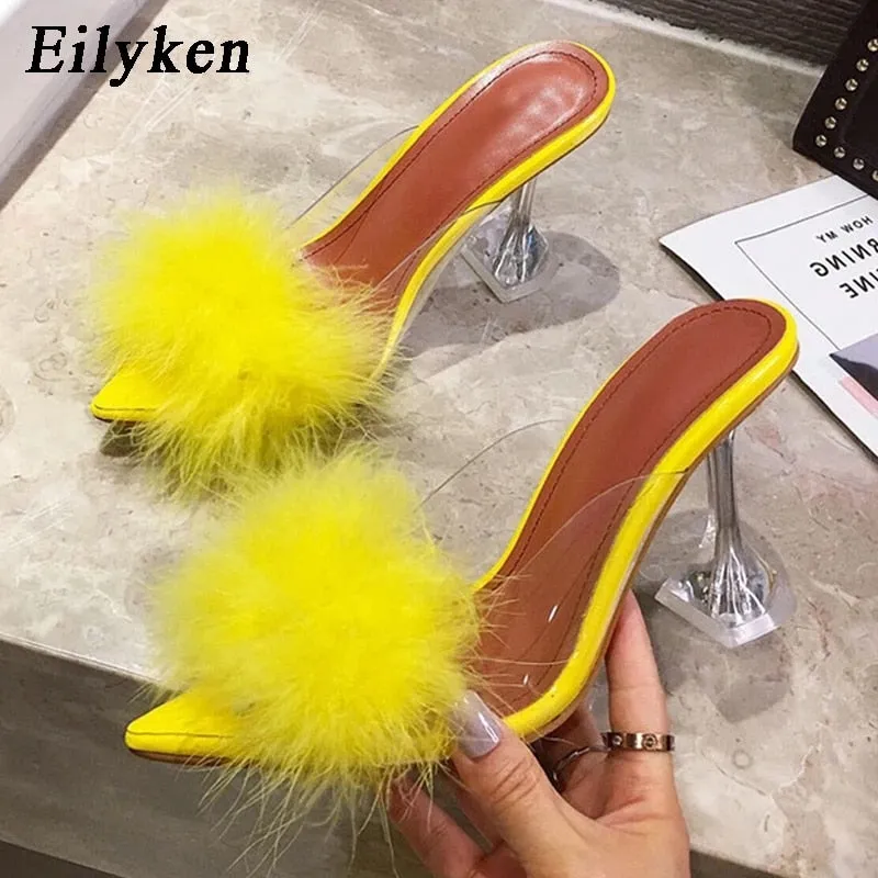 Feather Perspex Crystal High Heels Expensive Slides