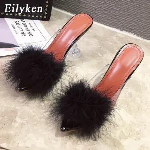 Feather Perspex Crystal High Heels Slippers San Francisco