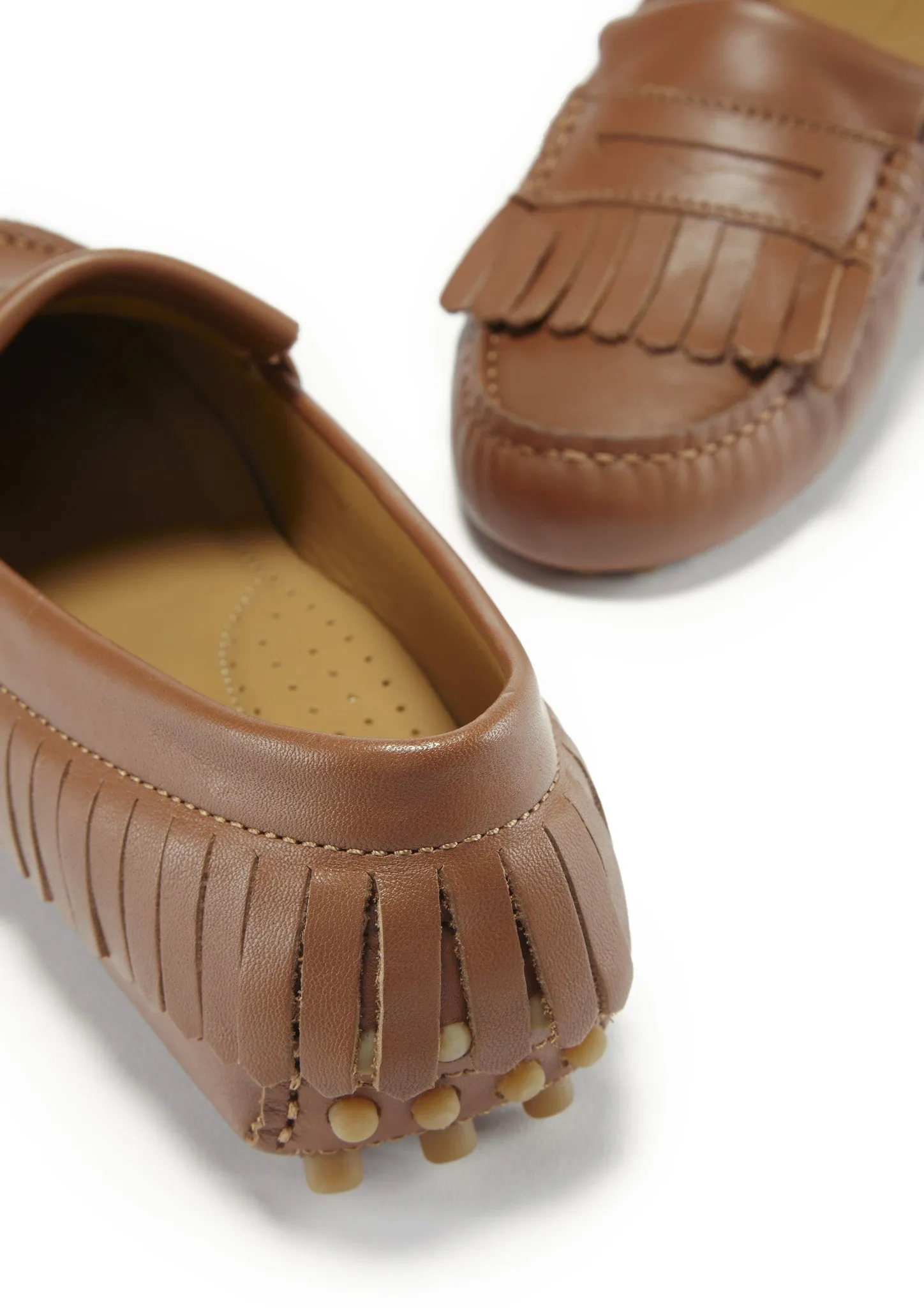 Women's Fringed Driving Loafers, light tan leather Pony Hair Loafers