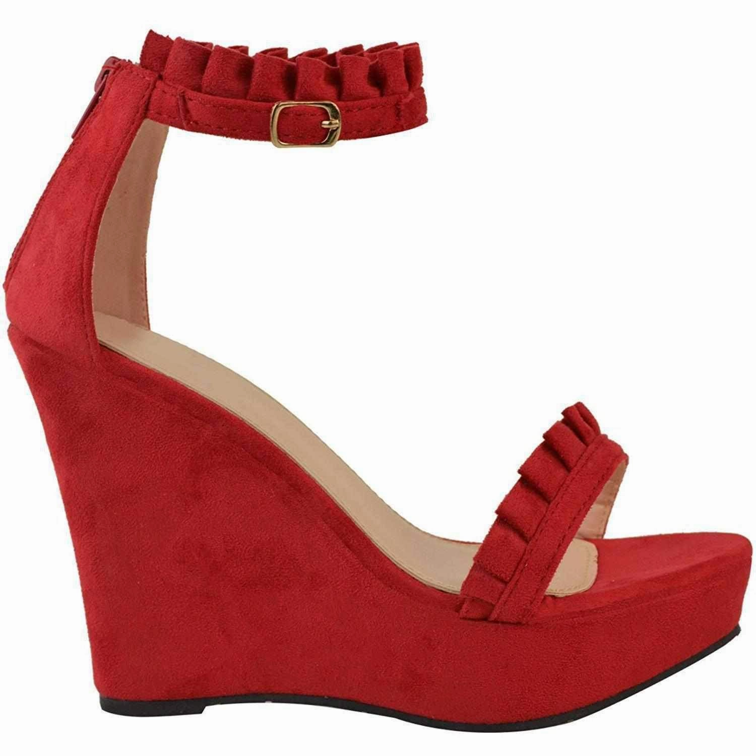 Sexy Red Faux Suede Ruffled High Heel Platform Wedge Wedding Sandals Sandals For Support