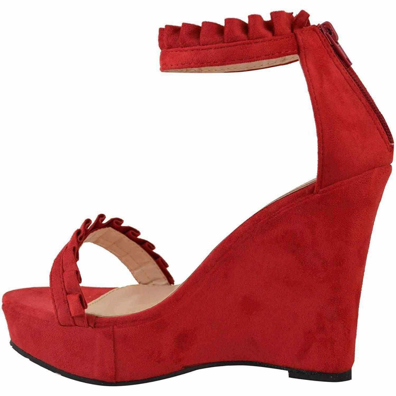 Vionic Sandals - Size 7 Sexy Red Faux Suede Ruffled High Heel Platform Wedge Wedding Sandals