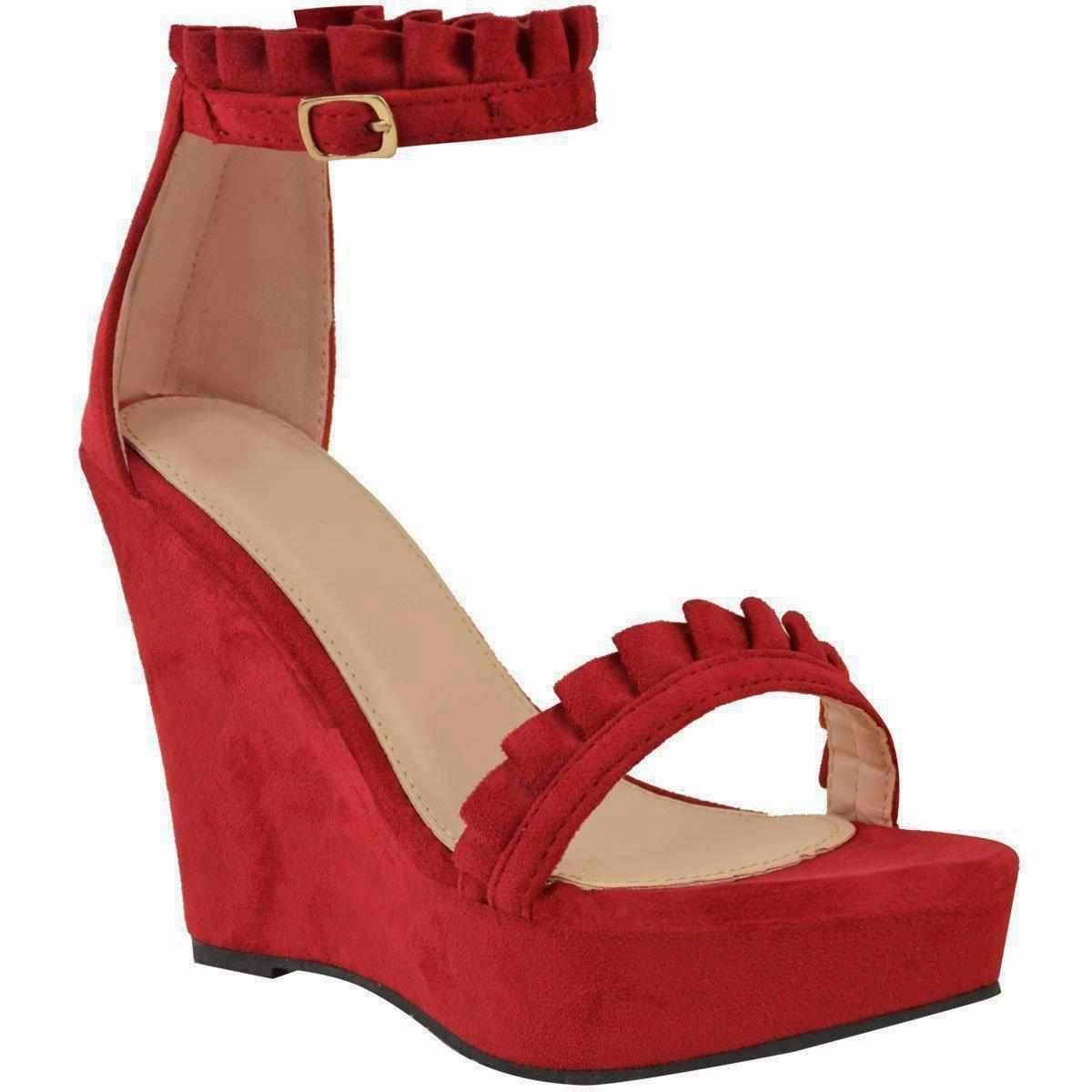 Joybees Sandals Sexy Red Faux Suede Ruffled High Heel Platform Wedge Wedding Sandals
