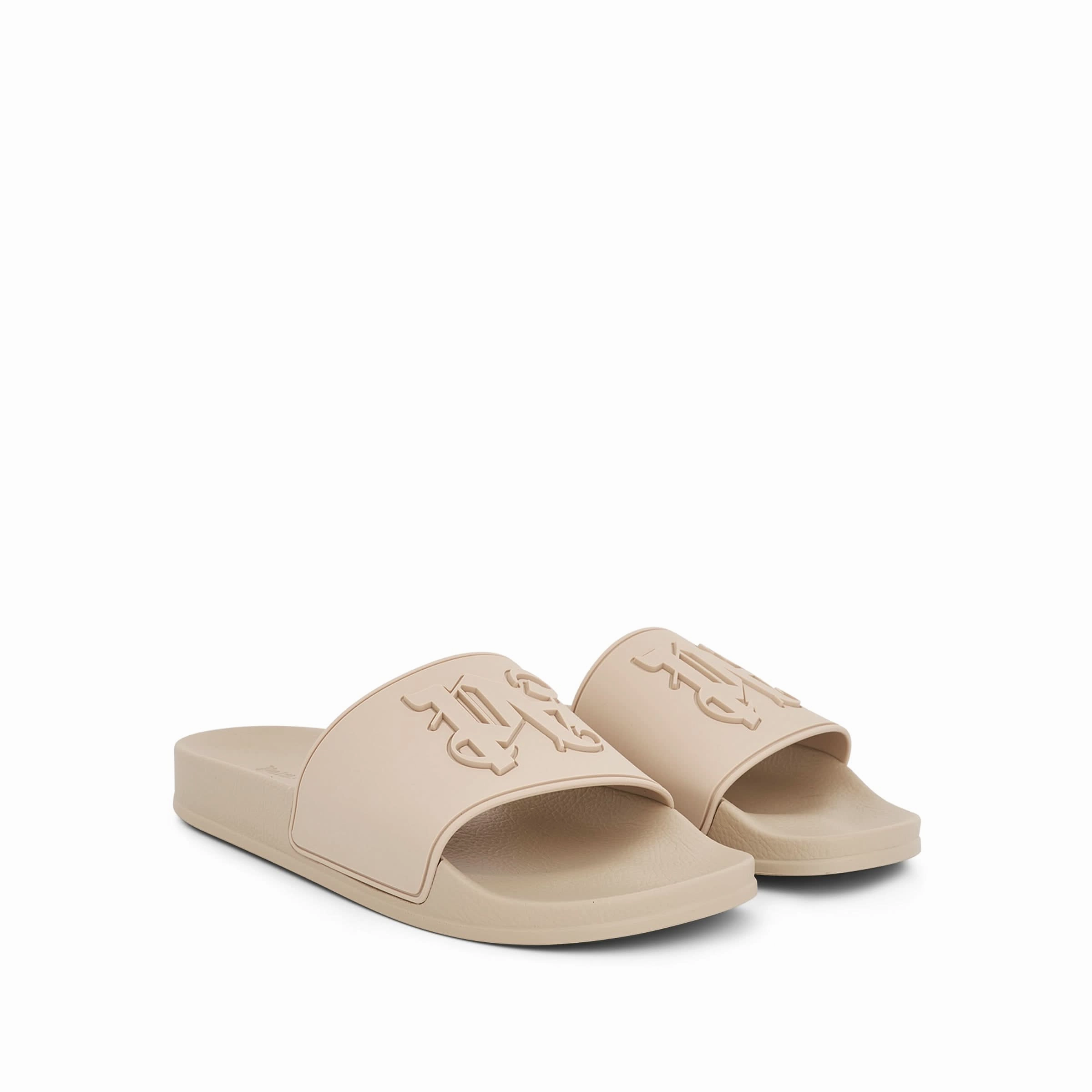 Monogram Embossed Pool Slider in Light Beige Jean Sandals