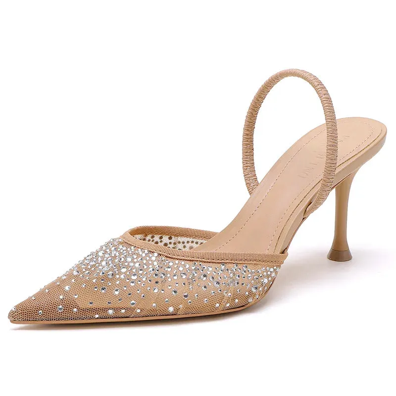 Glitter Rhinestone Pointed Slippers Women High Heel Summer Flip Flops Female Designer Sandals Breathable Mesh Mule Pumps Women Mschf Flipped Flop