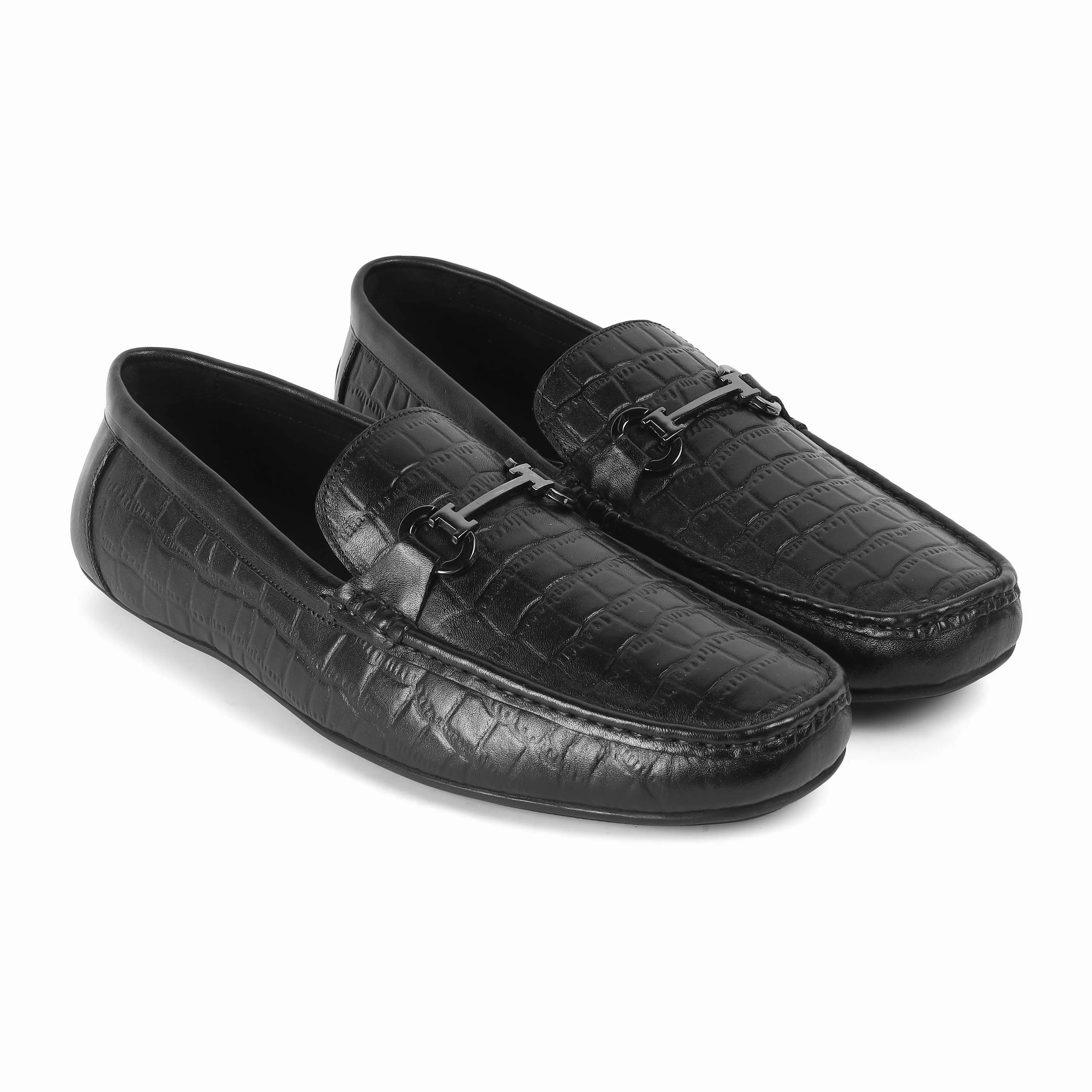 Tresmode Oxile Black Men's Textured Leather Loafers Trousers For Loafers