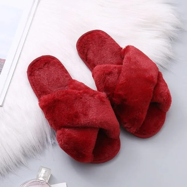 Shoes That Look Like Slippers Warm Fluffy Slippers Women Cozy Faux Fur Cross Indoor Floor Slides Flat Soft Furry Shoes Ladies Female Celebrities Flip Flops