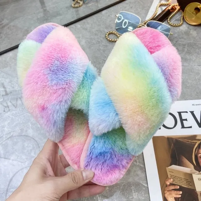 Freed Ballet Slippers Warm Fluffy Slippers Women Cozy Faux Fur Cross Indoor Floor Slides Flat Soft Furry Shoes Ladies Female Celebrities Flip Flops