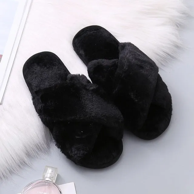 Warm Fluffy Slippers Women Cozy Faux Fur Cross Indoor Floor Slides Flat Soft Furry Shoes Ladies Female Celebrities Flip Flops Slide Mules Shoes