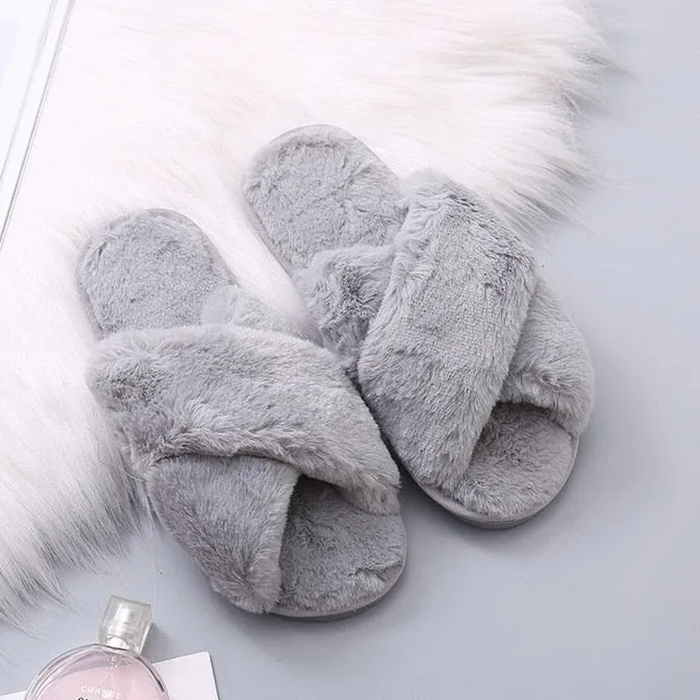 Best Summer Slippers Warm Fluffy Slippers Women Cozy Faux Fur Cross Indoor Floor Slides Flat Soft Furry Shoes Ladies Female Celebrities Flip Flops