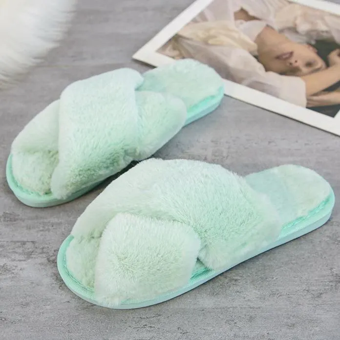 Fashion criss cross furry slippers winter warm house shoes for women Grandparent Slippers