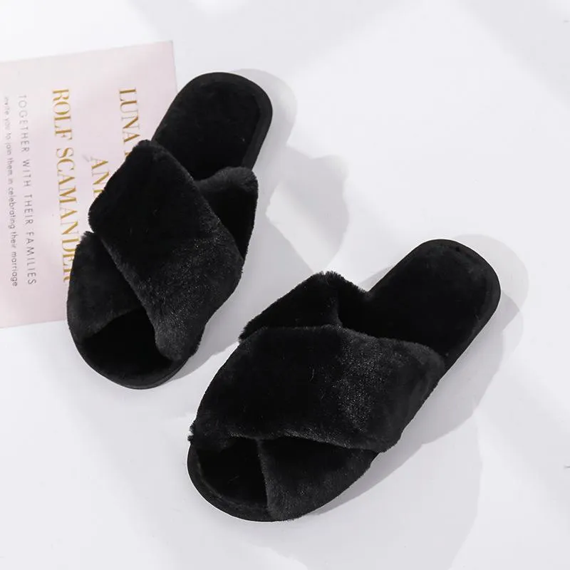 Fashion criss cross furry slippers winter warm house shoes for women Nut Logo Slippers