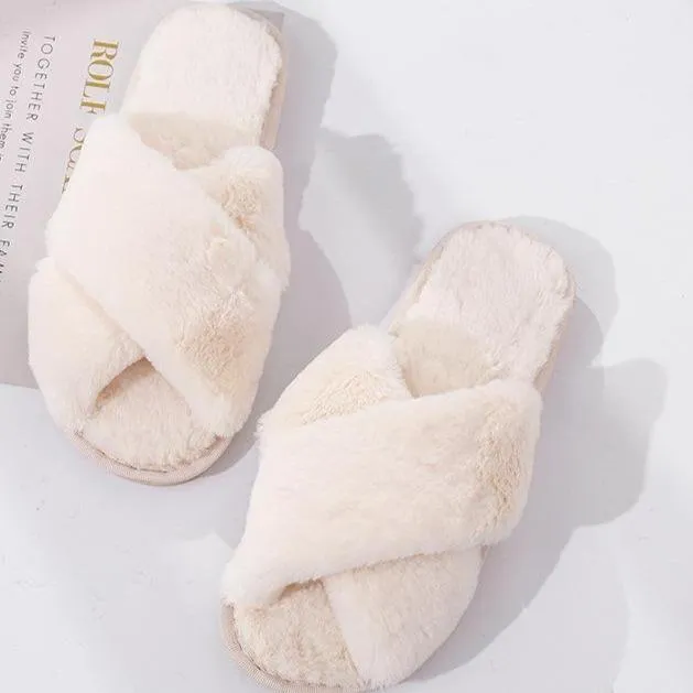 Fashion criss cross furry slippers winter warm house shoes for women Deer Foam Slippers