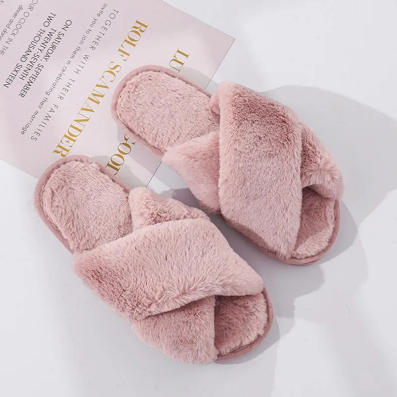 Slip Platform Tazz Fashion criss cross furry slippers winter warm house shoes for women