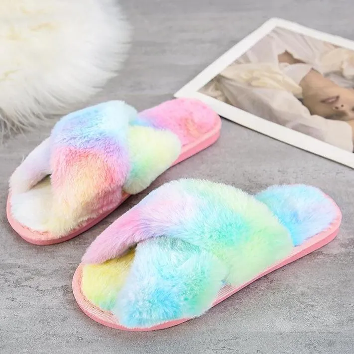 Local Slippers Fashion criss cross furry slippers winter warm house shoes for women