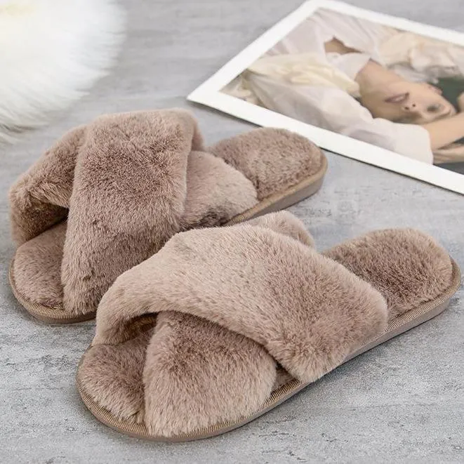 Family Matching Christmas Slippers Fashion criss cross furry slippers winter warm house shoes for women