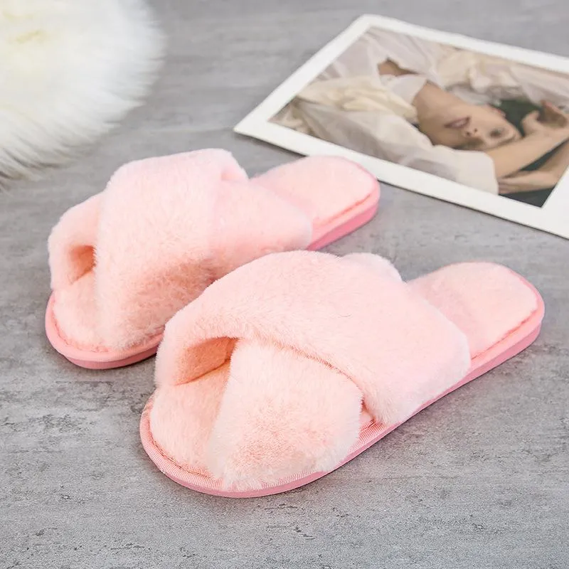 Fashion criss cross furry slippers winter warm house shoes for women Buffalo Slippers