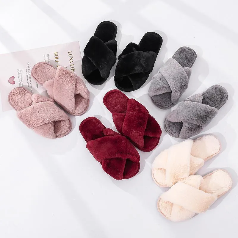 Booties House Slippers Fashion criss cross furry slippers winter warm house shoes for women