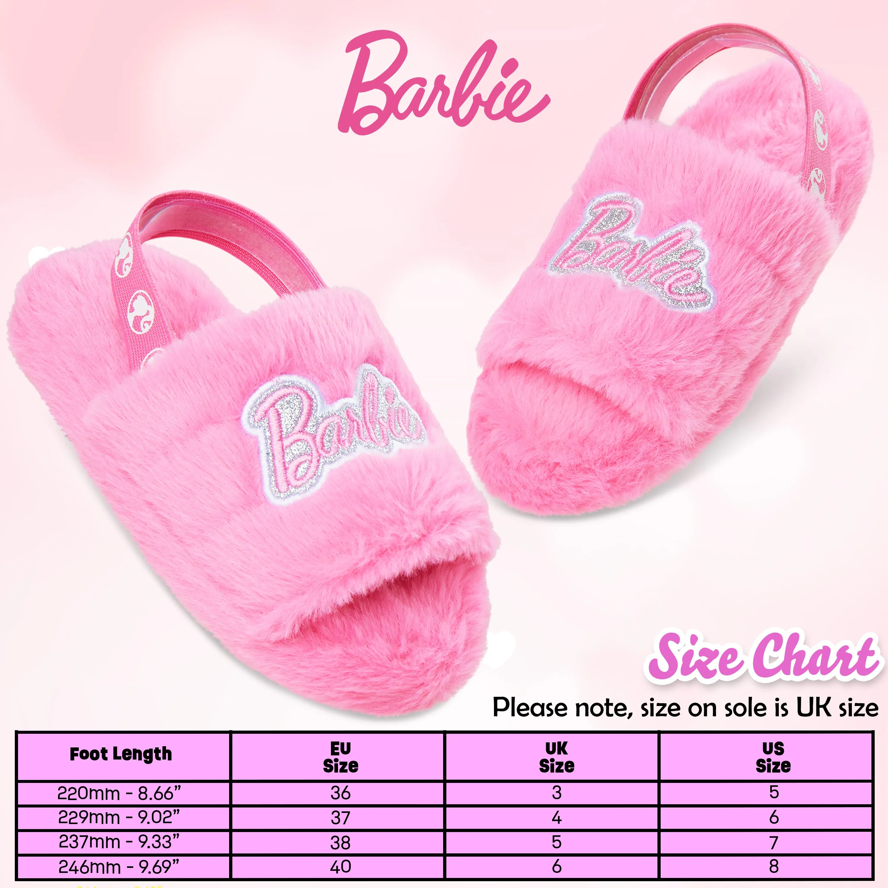 Barbie Women's Fluffy Slippers, Comfy Mule House Shoes - Cosy Gifts for Her House Slippers Size