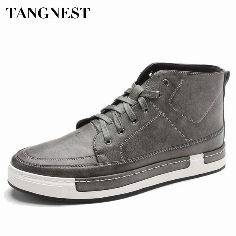 Tangnest New 2017 Autumn Men Shoes Man Fashion Microfiber Flats Shoes Korean Style Lace Up High Top Footwear For Male XMB532 Silver Ballet Flat Shoes