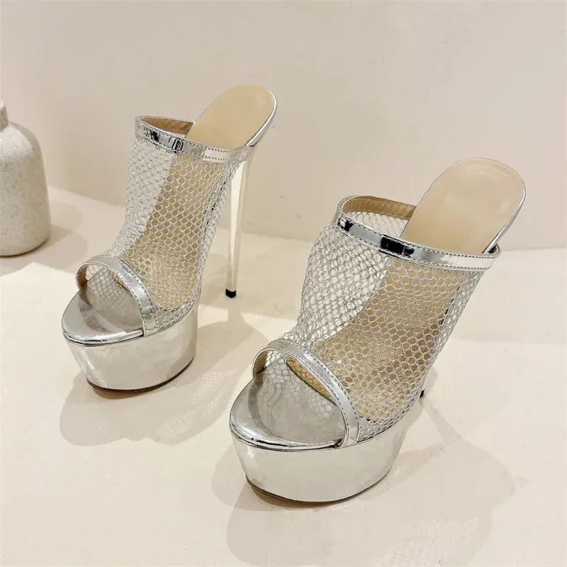 Eilyken New Design Mesh Fabric Women Slippers Sexy Platform Wedges Peep Toe Nightclub Stiletto High Heels Female Shoes Open Toed Slippers
