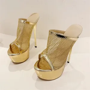 Eilyken New Design Mesh Fabric Women Slippers Sexy Platform Wedges Peep Toe Nightclub Stiletto High Heels Female Shoes The Silver Slippers Elizabeth Koda Callan