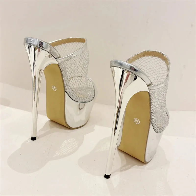 Eilyken New Design Mesh Fabric Women Slippers Sexy Platform Wedges Peep Toe Nightclub Stiletto High Heels Female Shoes Snowflake Slippers