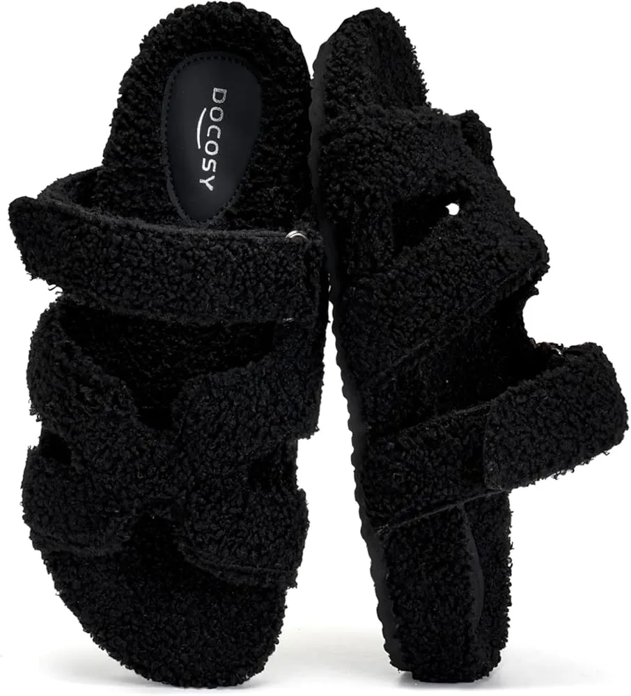 Women Shearling-Like Slide Sandals Open Toe Slippers   A99741 Breathable Slippers