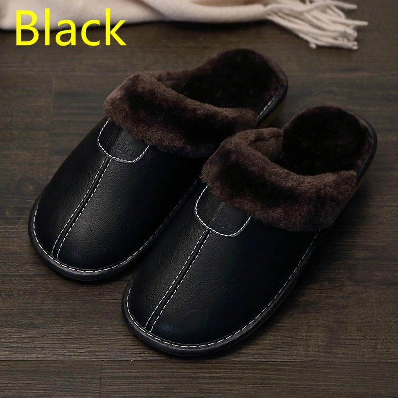 Pug Dog Slippers FONGIMIC Men Slippers PU Leather Slippers Indoor Waterproof House Shoes