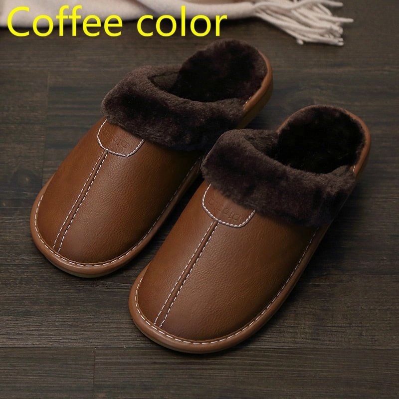 FONGIMIC Men Slippers PU Leather Slippers Indoor Waterproof House Shoes Dock Slides